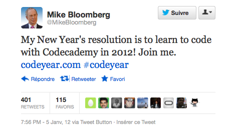Michael Bloomberg, maire de New York annonce sur Twitter qu'il va apprendre le code avec Codeacademy.